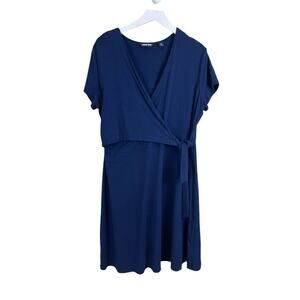 Lands' End Women's XL Blue Solid Wrap Dress Short Sleeve Knit Cotton Blend